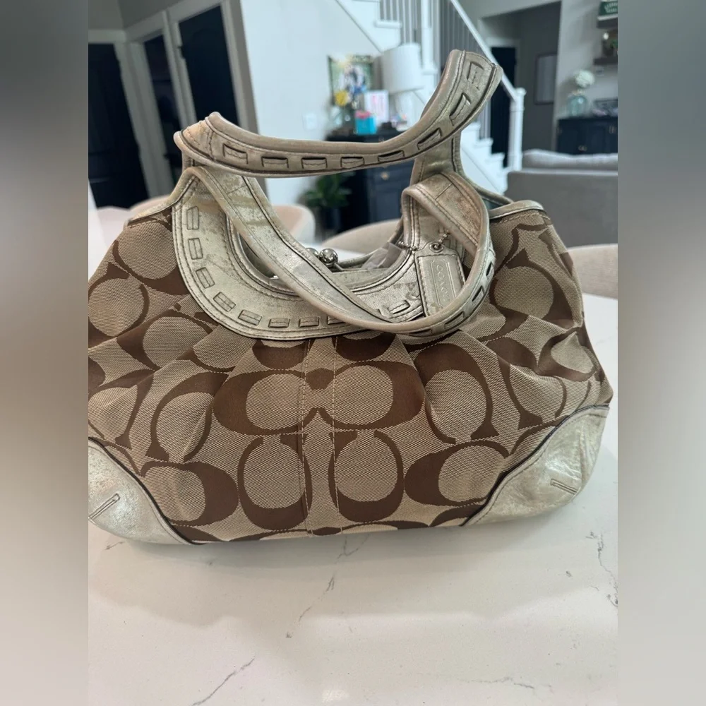 Coach Ergo Op Art Signature Brown Metallic Silver Leather Trim Bag